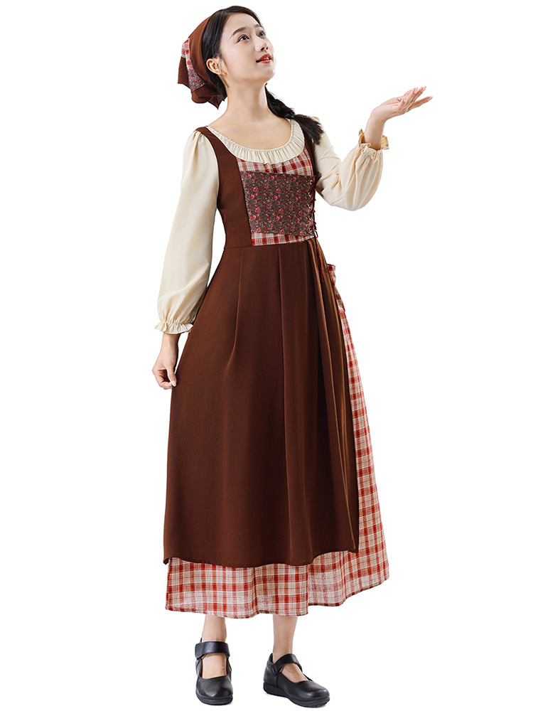 Traditional Dirndl Costume Dress With Cream Long Sleeves And Ankle Length